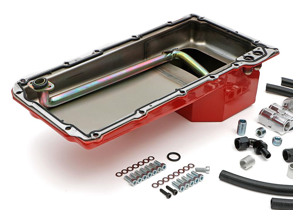LS Swap Oil Pan/Filter Reocation Kit; Single Filter; Horizontal Port, Red Pan - Trans-Dapt Performance - 0176