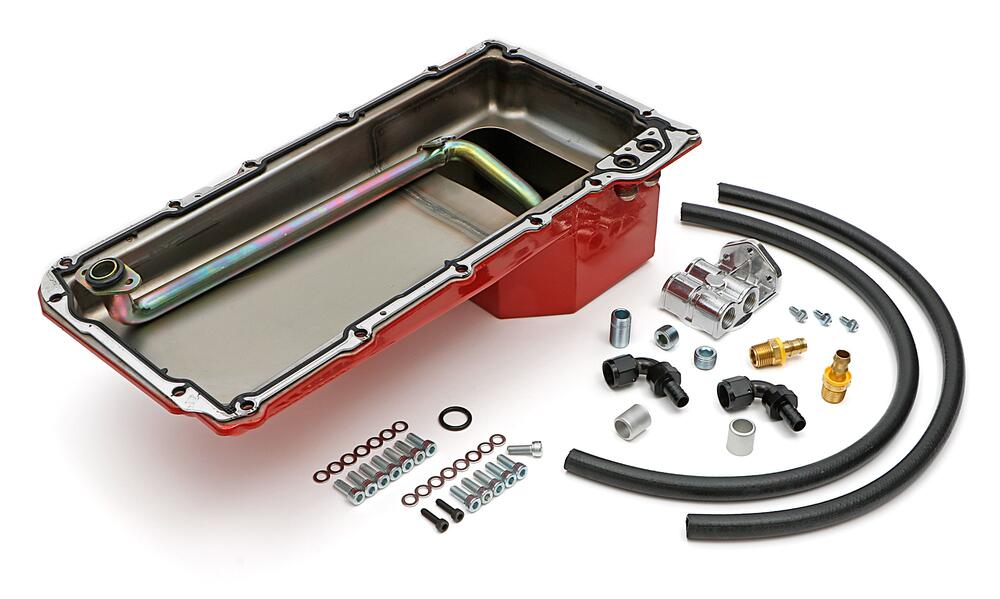 LS Swap Oil Pan/Filter Reocation Kit; Single Filter; Horizontal Port, Red Pan - Trans-Dapt Performance - 0176