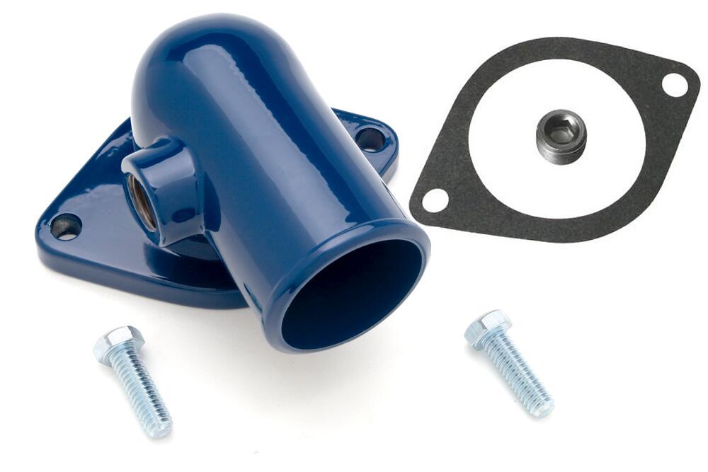 Water Neck; FORD 390, 427 and 428; (Gasket Seal)- FORD BLUE Powder-Coated Steel - Trans-Dapt Performance - 8341