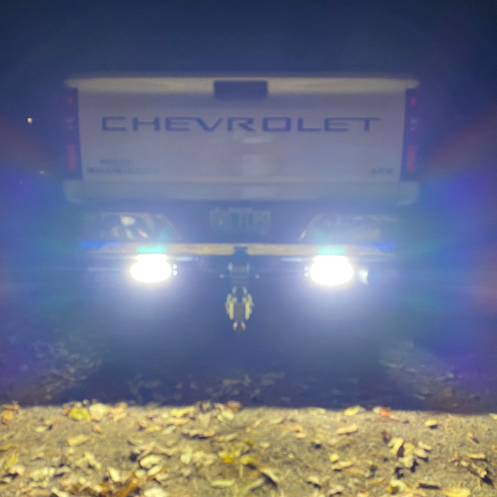 2020-Current Chevy GMC 2500 3500 Hitch Bar Reverse 7in LED Flood Lighting Heavy Duty Bolt-On Blacked Out Kit with Heated Lens and Dual End Light Cap - Race Sport Lighting - GMHB20UP