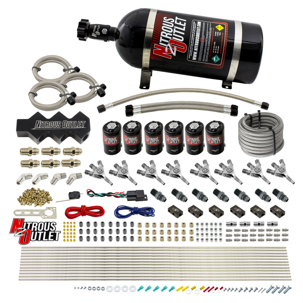Dry 8 Cylinder Three Stage Direct Port System Three .112 Nitrous Solenoids Three .177 Fuel Solenoids 1 In 4 Out Distribution Blocks Trident Nozzle 100-400 HP No Bottle Nitrous Outlet - Nitrous Outlet - 00-10402-00