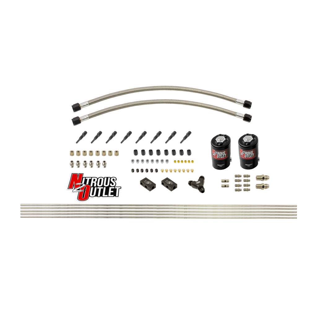Dry 8 Cylinder Solenoid Forward Direct Port Conversion Kit Two .112 Nitrous Solenoids Compact Distribution Blocks Compression Fitting 90 Degree Discharge Nozzle Includes 200 HP Jetting Nitrous Outlet - Nitrous Outlet - 00-10420-L