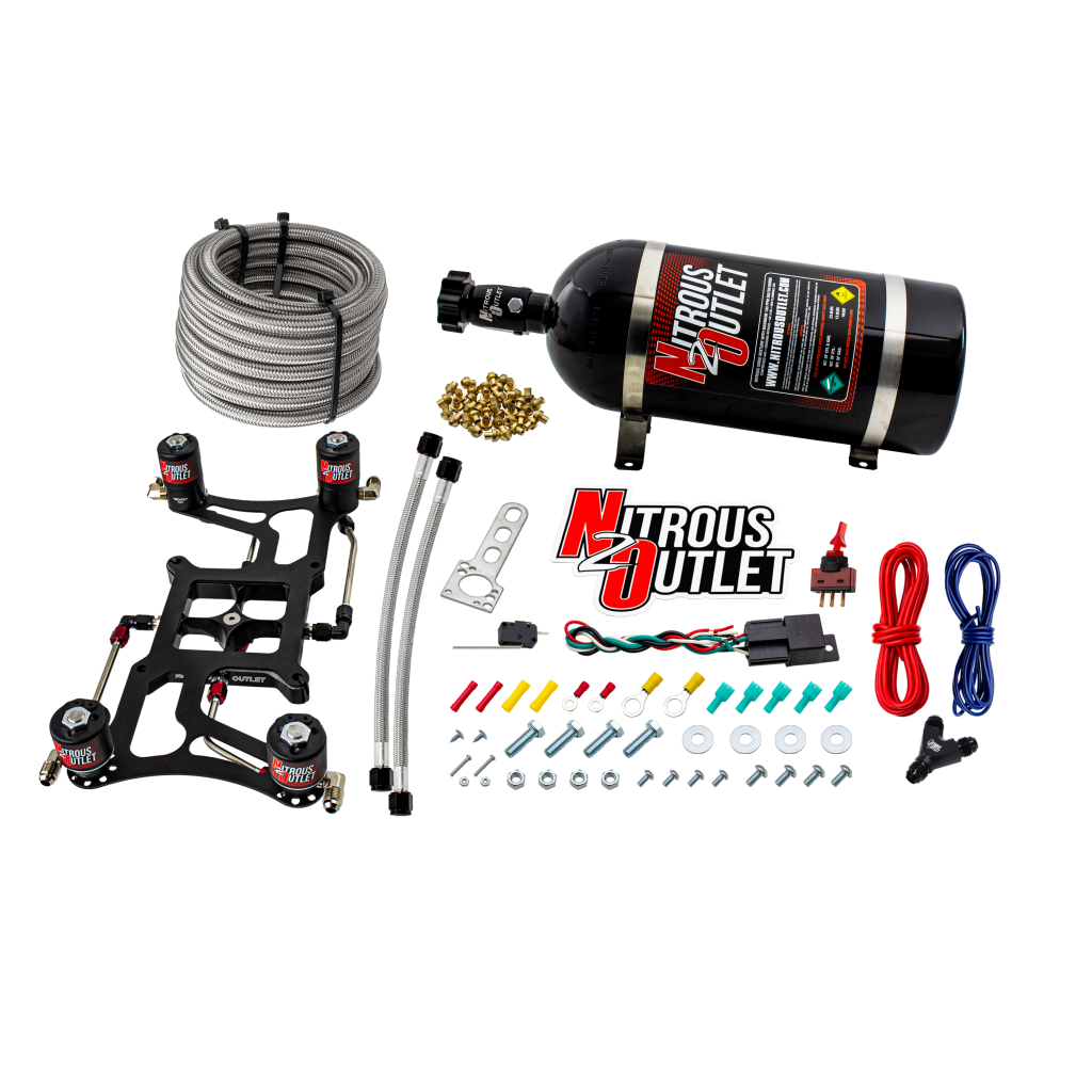 4150 Hornet 2 Race Dual Stage System Hard-line Two .178 Trashcan Nitrous Solenoids Two .310 Fuel Solenoids Four Solenoid Boomerang Bracket Gas E85 5-55 PSI 50-600 HP Per Stage No Bottle Nitrous Outlet - Nitrous Outlet - 00-10628-00