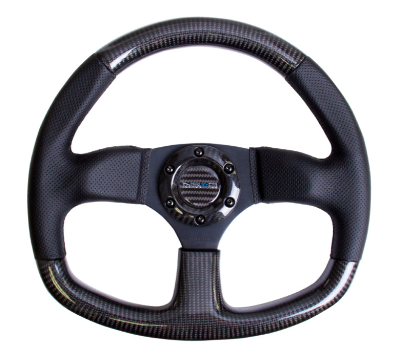 NRG Carbon Fiber Steering Wheel (320mm) Flat Bottom & Leather Trim w/Black Stitching - NRG - ST-009CFBS