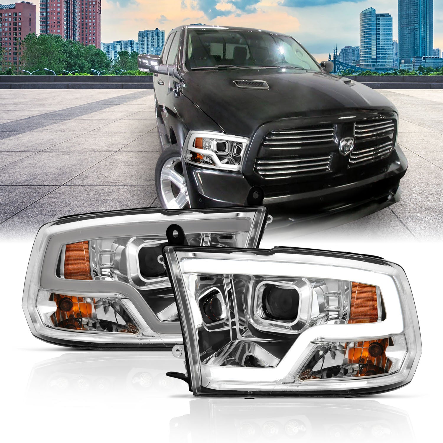 Projector Headlight Set w/Halo; w/Plank Style Design; Chrome; Pair