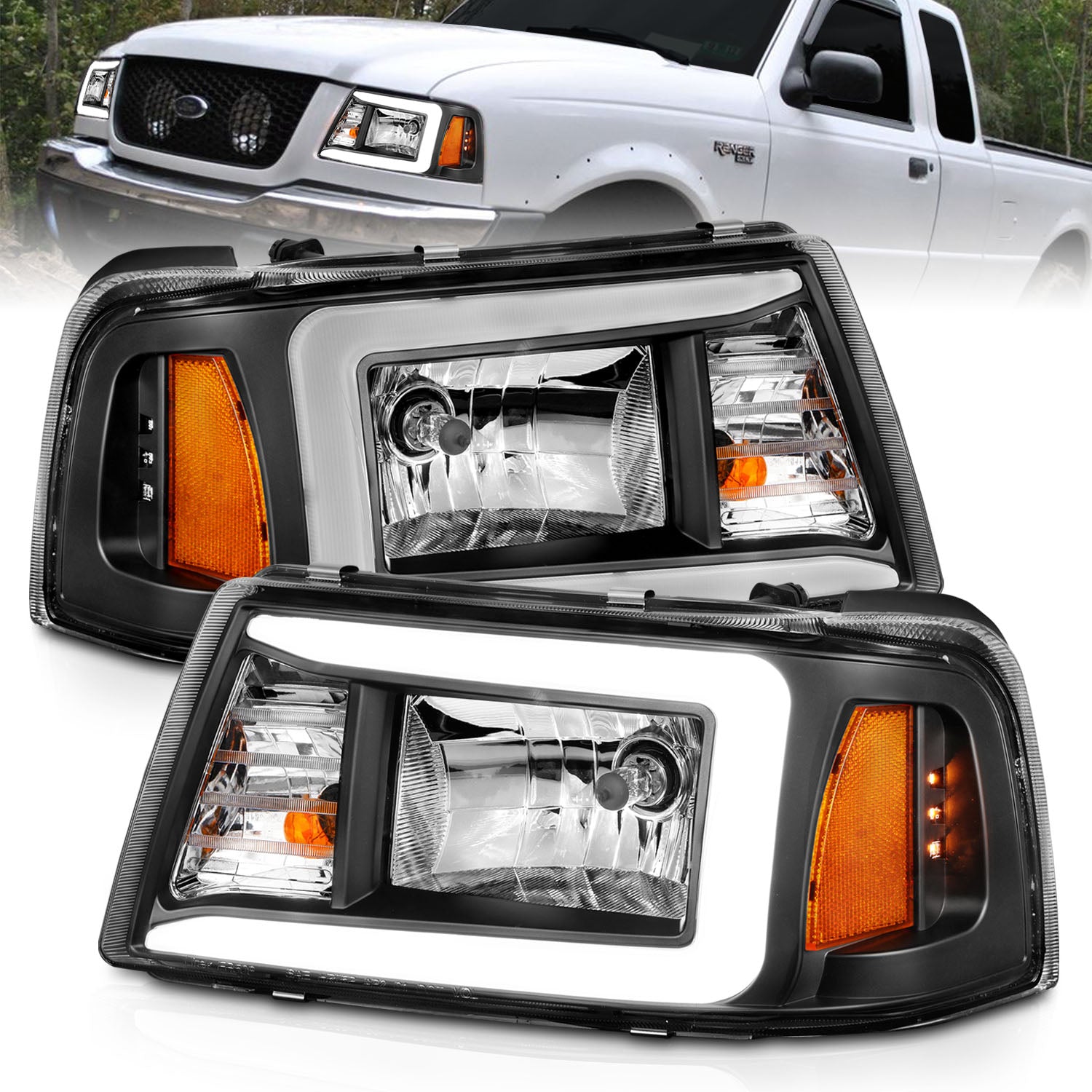 Crystal Headlight Set; Black Housing; Pair; w/Light Bar; 2002 Ford