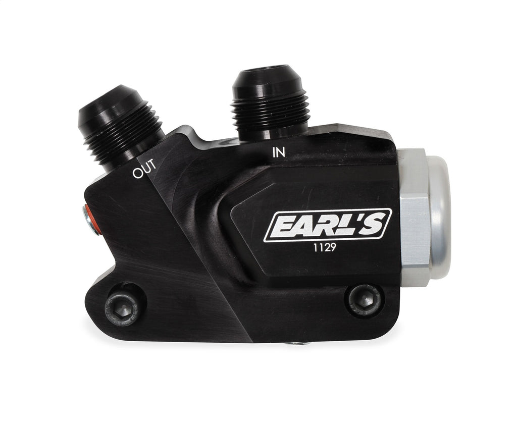 Engine Oil Cooler Adapter, Side Mount, 2-1/8 in. NPMT Accessory Pots, -10AN Male, w/180 Deg. Thermostat, Incl. O-Rings, Hardware, - Earl's Performance - 1129ERL