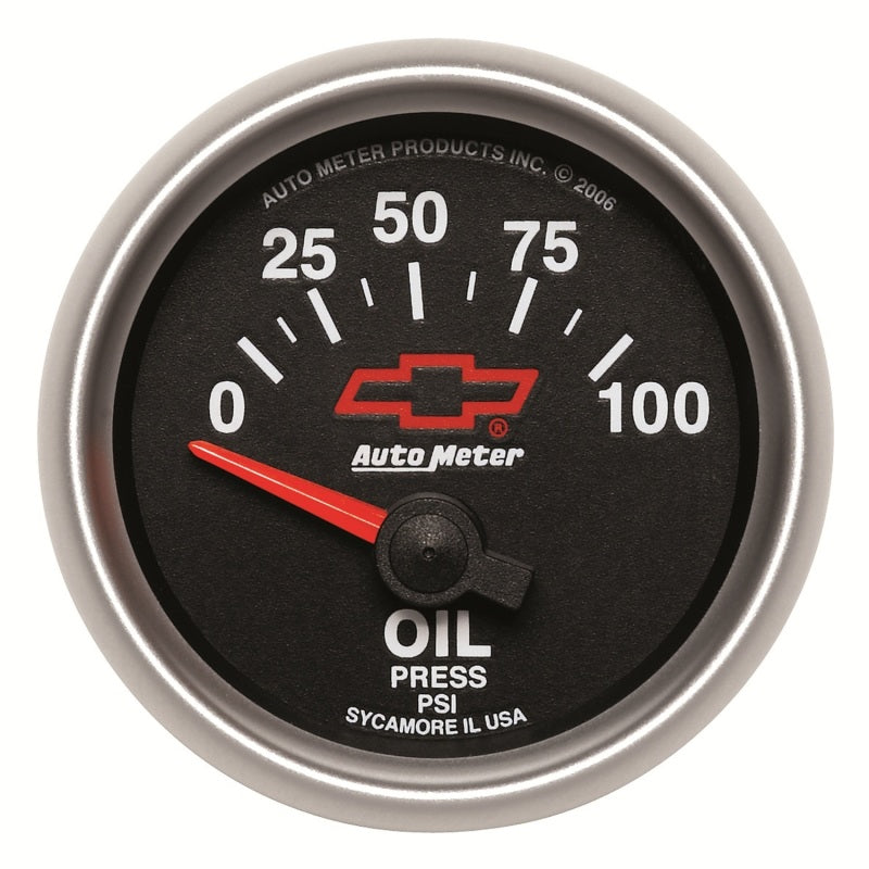 GAUGE; OIL PRESSURE; 2 1/16in.; 100PSI; ELECTRIC; CHEVY RED BOWTIE; BLACK - AutoMeter - 3627-00406