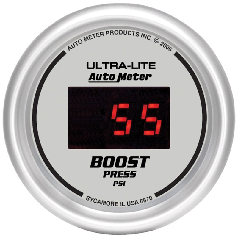 GAUGE; BOOST; 2 1/16in.; 60PSI; DIGITAL; SILVER DIAL W/RED LED - AutoMeter - 6570