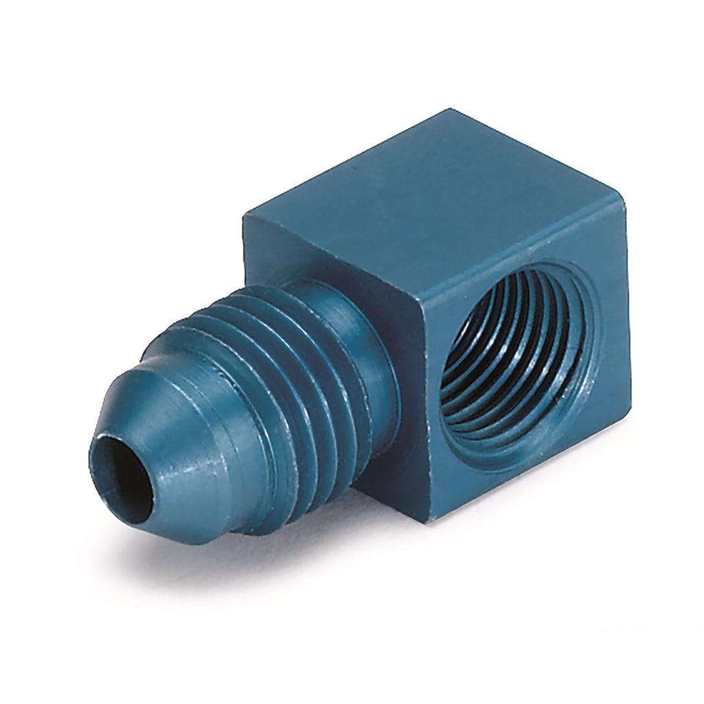 FITTING; ADAPTER; 90deg.; 1/8in. NPTF FEMALE TO-4AN MALE; ALUMINUM; BLUE ANODIZE - AutoMeter - 3278