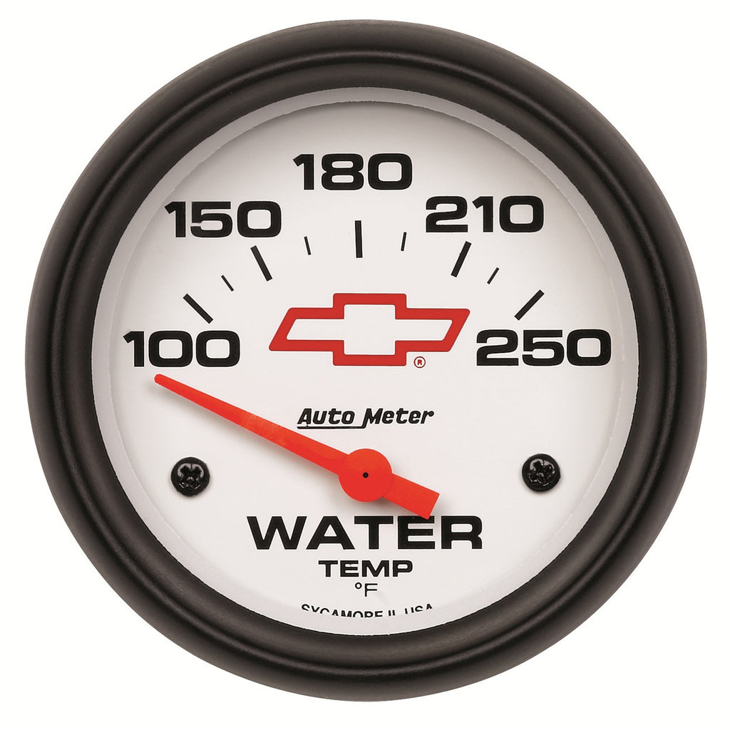 GAUGE; WATER TEMP; 2 5/8in.; 100-250deg.F; ELECTRIC; CHEVY RED BOWTIE; WHITE - AutoMeter - 5837-00406
