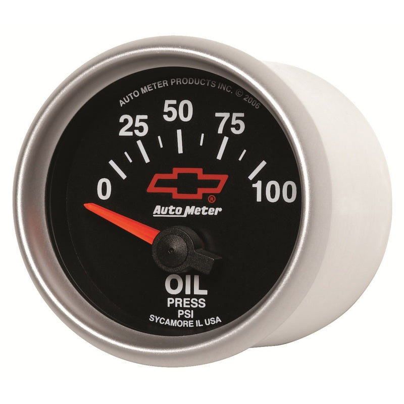GAUGE; OIL PRESSURE; 2 1/16in.; 100PSI; ELECTRIC; CHEVY RED BOWTIE; BLACK - AutoMeter - 3627-00406