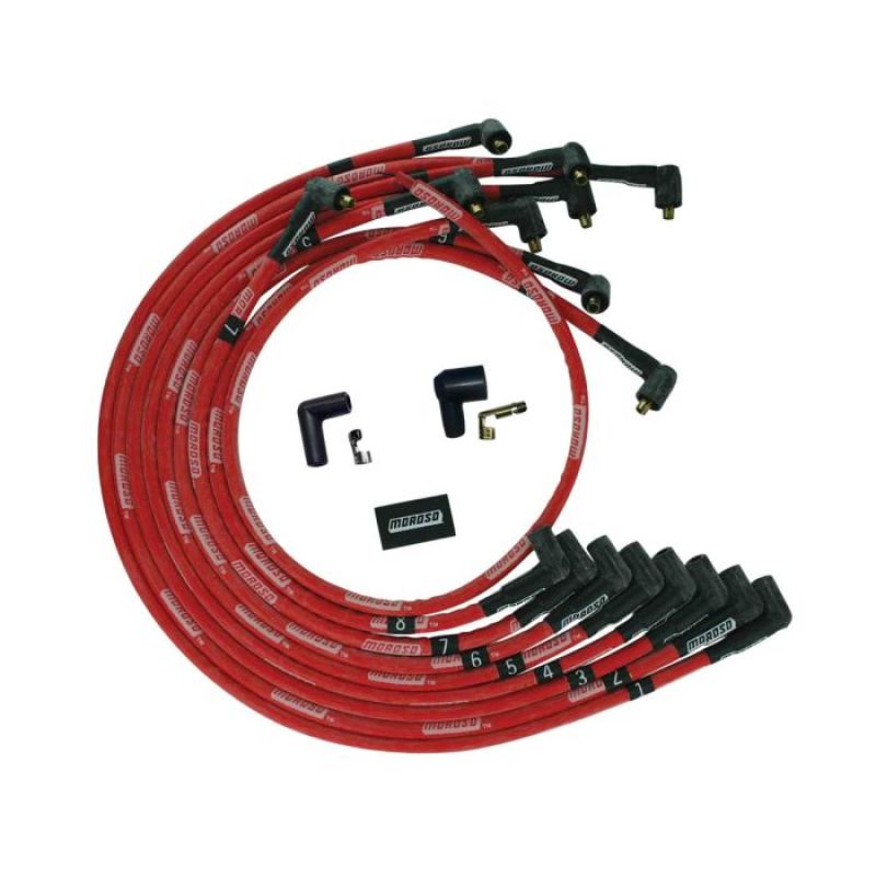 Moroso BBC Under Header 90 Deg Plug Boots Non-HEI Sleeved Ultra Spark Plug Wire Set - Red - Moroso - 52544