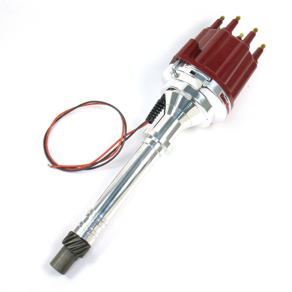 FLAME-THROWER BILLET DISTRIBUTOR WITH IGNITOR II ELECTRONICS FOR CHEVY SB/BB ENGINES. NON VACUUM ADVANCE WITH RED MALE STYLE CAP. - Pertronix - D100811