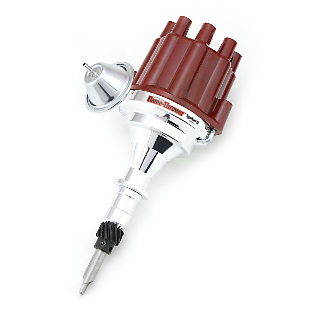 FLAME-THROWER BILLET DISTRIBUTOR WITH IGNITOR II ELECTRONICS FOR CHEVY / PONTIAC / OLDSMOBILE 194-292 L6 ENGINES. VACUUM ADVANCE WITH RED FEMALE STYLE CAP. - Pertronix - D106701