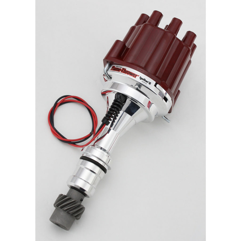 FLAME-THROWER BILLET DISTRIBUTOR WITH IGNITOR II ELECTRONICS FOR OLDSMOBILE 260-455 ENGINES. NON VACUUM ADVANCE WITH RED FEMALE STYLE CAP. - Pertronix - D110801