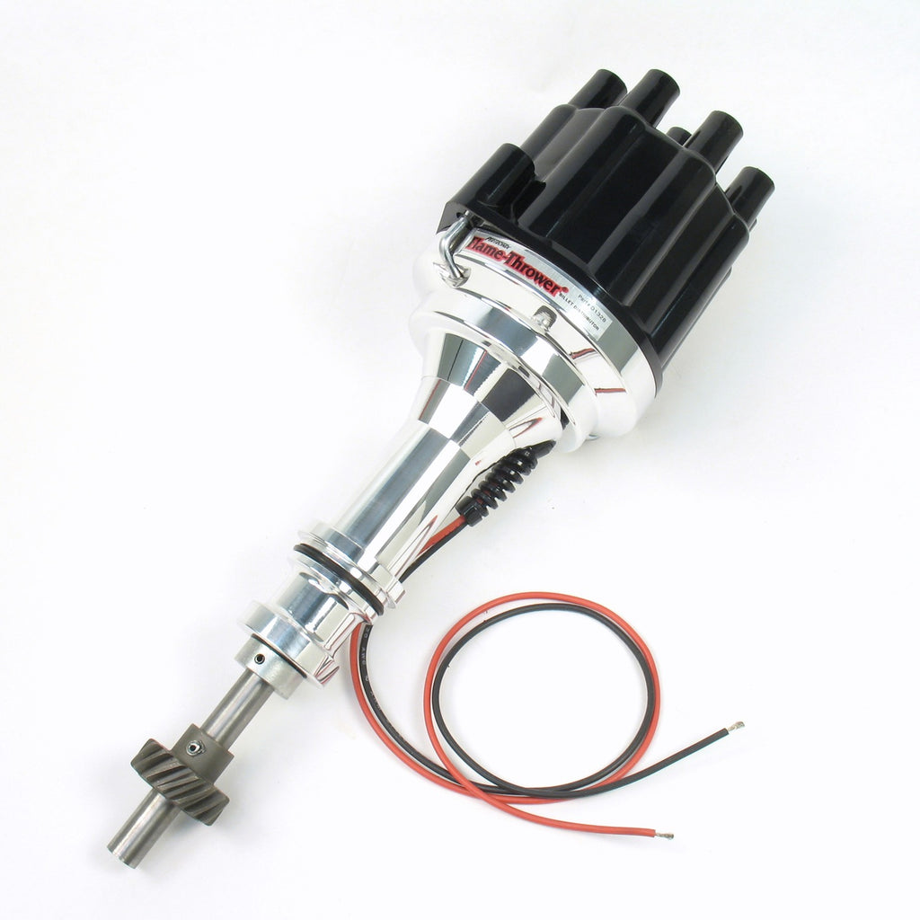 FLAME-THROWER BILLET DISTRIBUTOR WITH IGNITOR II ELECTRONICS FOR FORD 351C-460 ENGINES. NON VACUUM ADVANCE WITH BLACK FEMALE STYLE CAP. - Pertronix - D132800