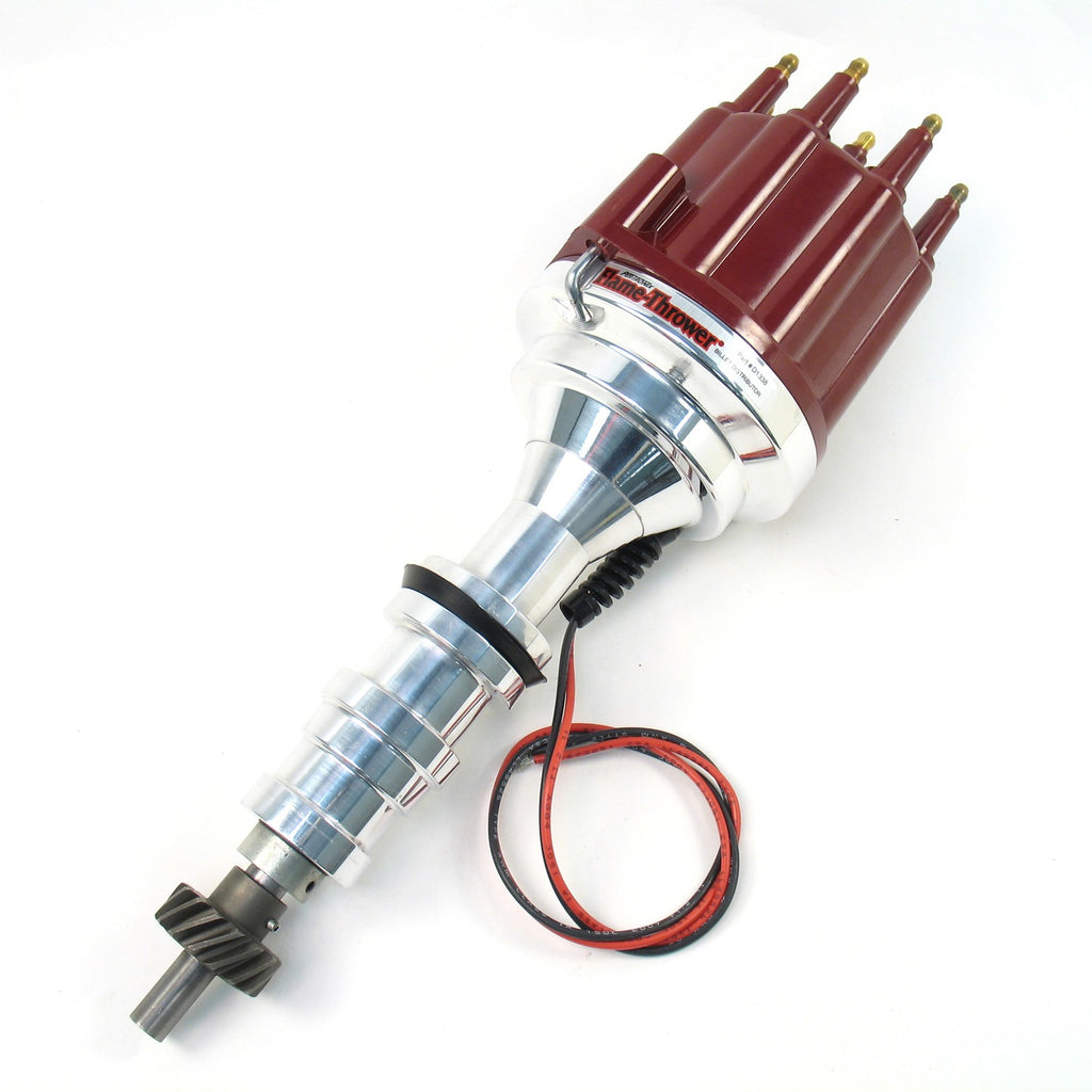 FLAME-THROWER BILLET DISTRIBUTOR WITH IGNITOR II ELECTRONICS FOR FORD 332-428 FE ENGINES. NON VACUUM ADVANCE WITH RED MALE STYLE CAP. - Pertronix - D133811