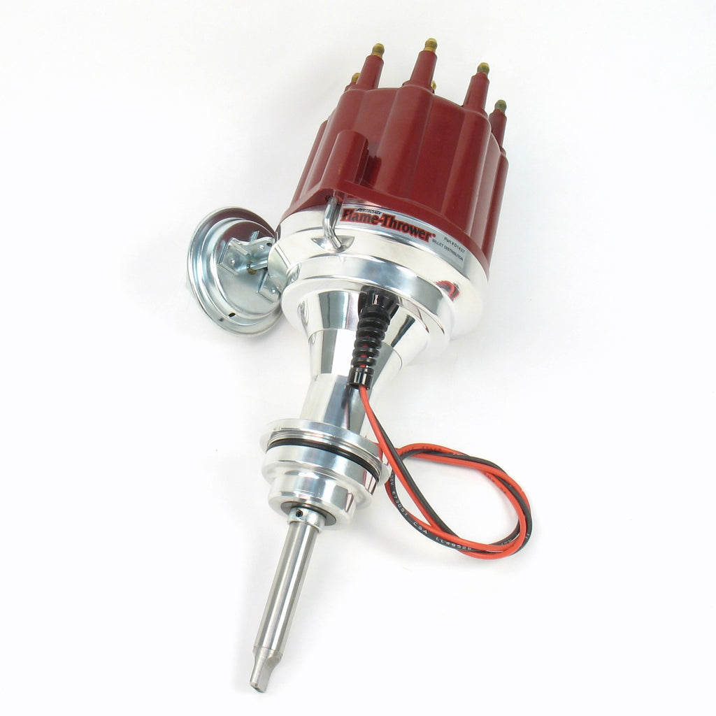 FLAME-THROWER BILLET DISTRIBUTOR WITH IGNITOR II ELECTRONICS FOR MOPAR 413-426 INCLUDING 426 HEMI ENGINES. VACUUM ADVANCE WITH RED MALE STYLE CAP. - Pertronix - D143711