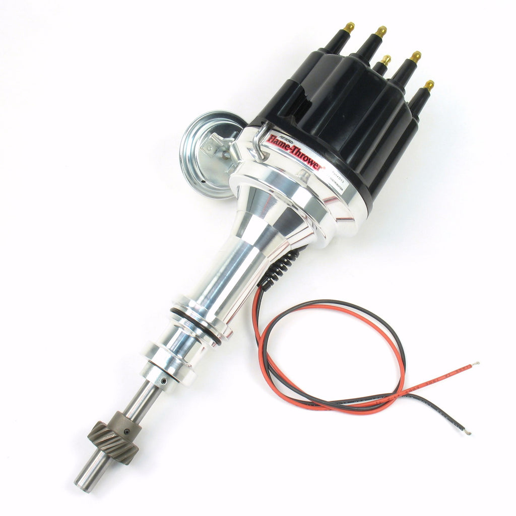 FLAME-THROWER BILLET DISTRIBUTOR WITH IGNITOR III ELECTRONICS FOR FORD 221-302 ENGINES. VACUUM ADVANCE WITH BLACK MALE STYLE CAP. - Pertronix - D7130710
