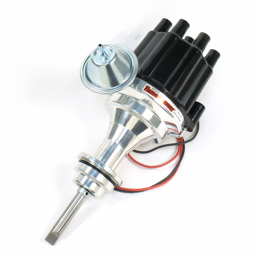 FLAME-THROWER BILLET DISTRIBUTOR WITH IGNITOR III ELECTRONICS FOR MOPAR 273-360 ENGINES. VACUUM ADVANCE WITH BLACK FEMALE STYLE CAP. - Pertronix - D7141700