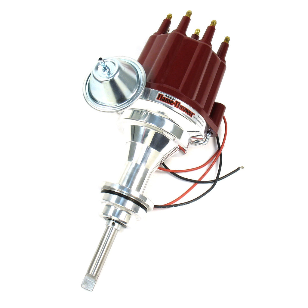 FLAME-THROWER BILLET DISTRIBUTOR WITH IGNITOR III ELECTRONICS FOR MOPAR 273-360 ENGINES. VACUUM ADVANCE WITH RED MALE STYLE CAP. - Pertronix - D7141711