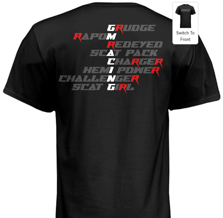 Grudge Motorsports T-Shirt "GMR Racing Scrabble" Back - Grey On Black
