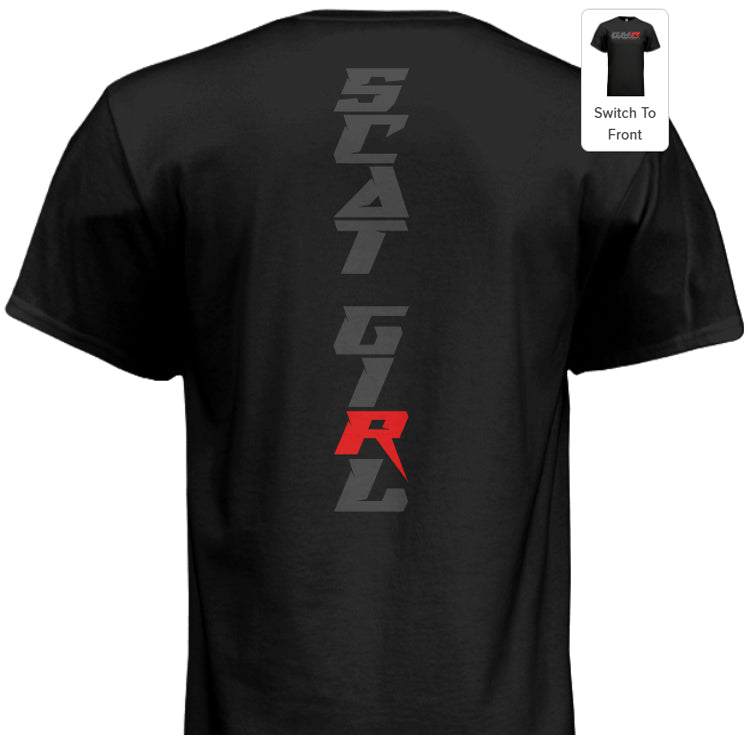 Grudge Motorsports T-Shirt "Scat Girl" Vertical Back - Grey On Black