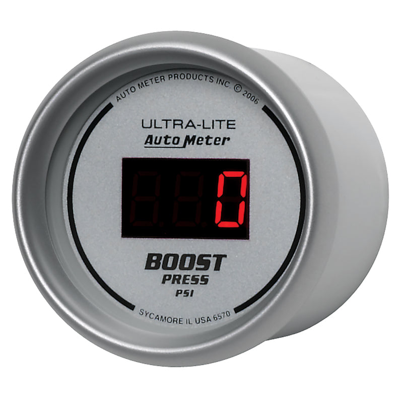GAUGE; BOOST; 2 1/16in.; 60PSI; DIGITAL; SILVER DIAL W/RED LED - AutoMeter - 6570
